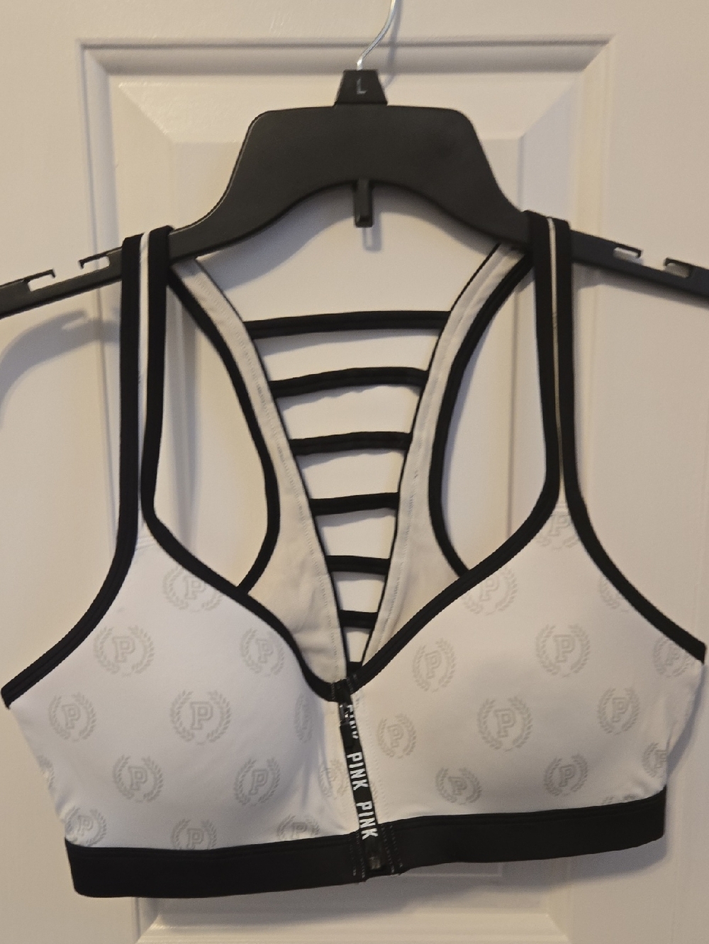 PINK Victoria's Secret White Front-Zip Sports Bra with Black Trim